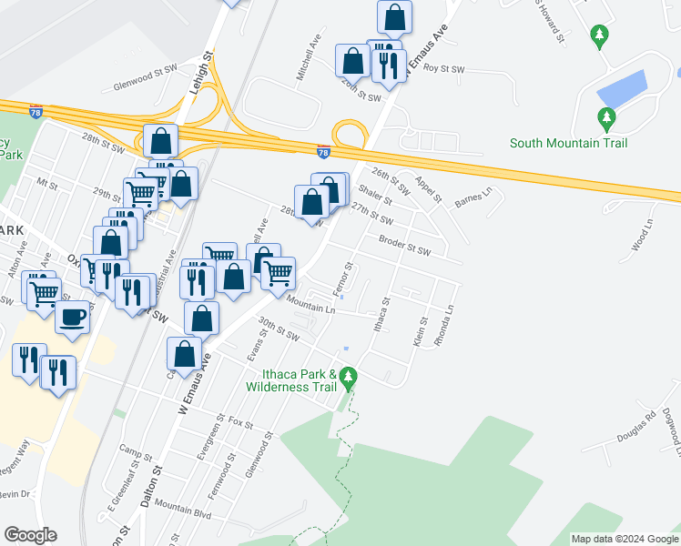 map of restaurants, bars, coffee shops, grocery stores, and more near 2831 Fernor Street in Allentown