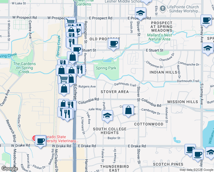 map of restaurants, bars, coffee shops, grocery stores, and more near 300 Dartmouth Trail in Fort Collins