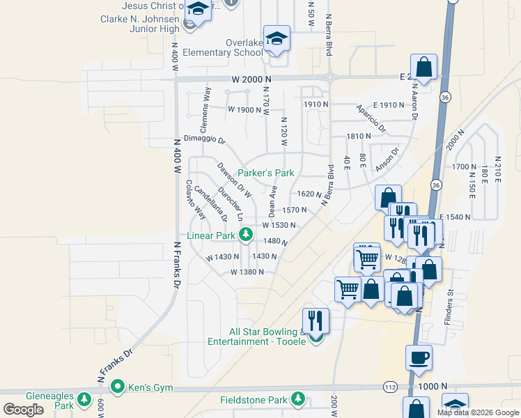 map of restaurants, bars, coffee shops, grocery stores, and more near 1588 Dawson Drive West in Tooele