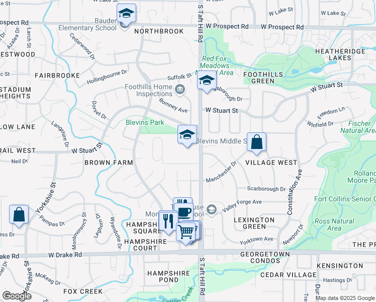 map of restaurants, bars, coffee shops, grocery stores, and more near 2101 South Taft Hill Road in Fort Collins