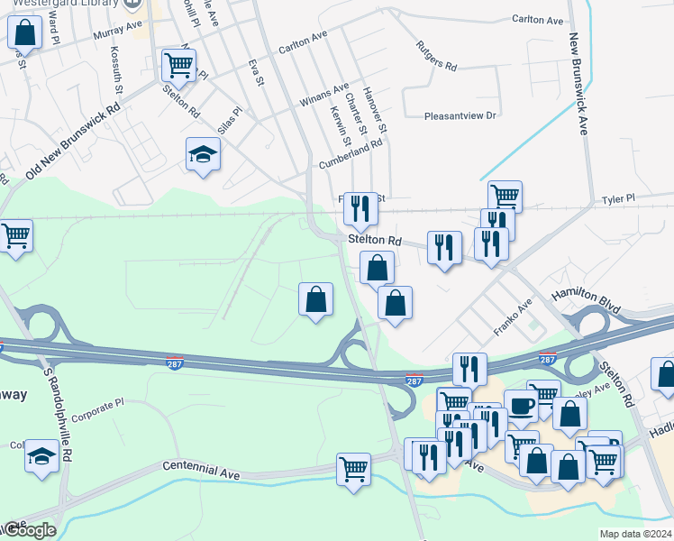 map of restaurants, bars, coffee shops, grocery stores, and more near 1514 South Washington Avenue in Piscataway