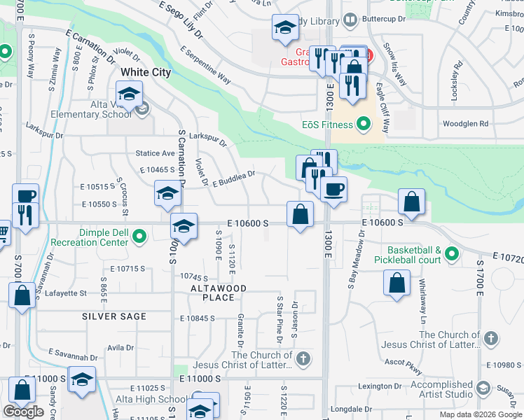 map of restaurants, bars, coffee shops, grocery stores, and more near 1174 Violet Drive in Sandy