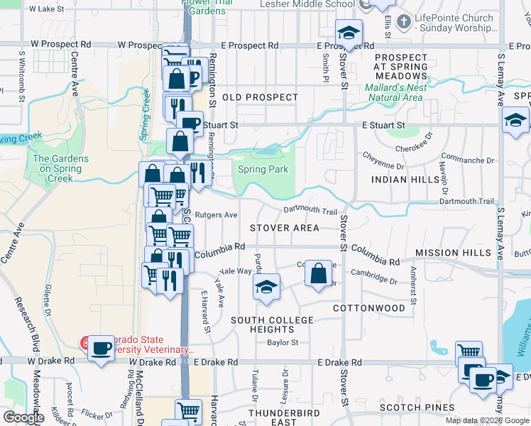 map of restaurants, bars, coffee shops, grocery stores, and more near 300 Dartmouth Trail in Fort Collins