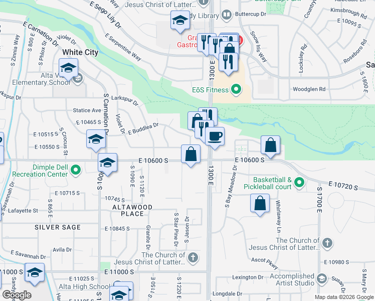map of restaurants, bars, coffee shops, grocery stores, and more near 10532 South Primrose Drive in Sandy