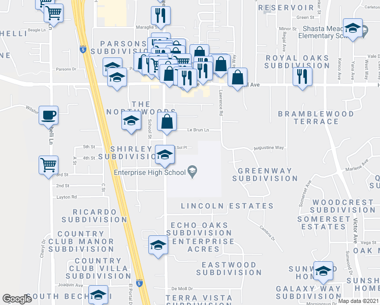 map of restaurants, bars, coffee shops, grocery stores, and more near 1142 Del Sol Place in Redding