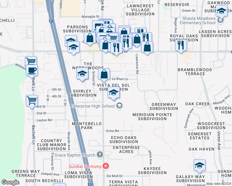 map of restaurants, bars, coffee shops, grocery stores, and more near 1142 Del Sol Place in Redding