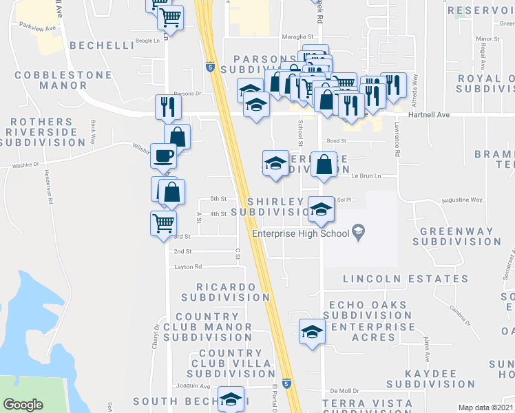 map of restaurants, bars, coffee shops, grocery stores, and more near 3261 Alexander Drive in Redding