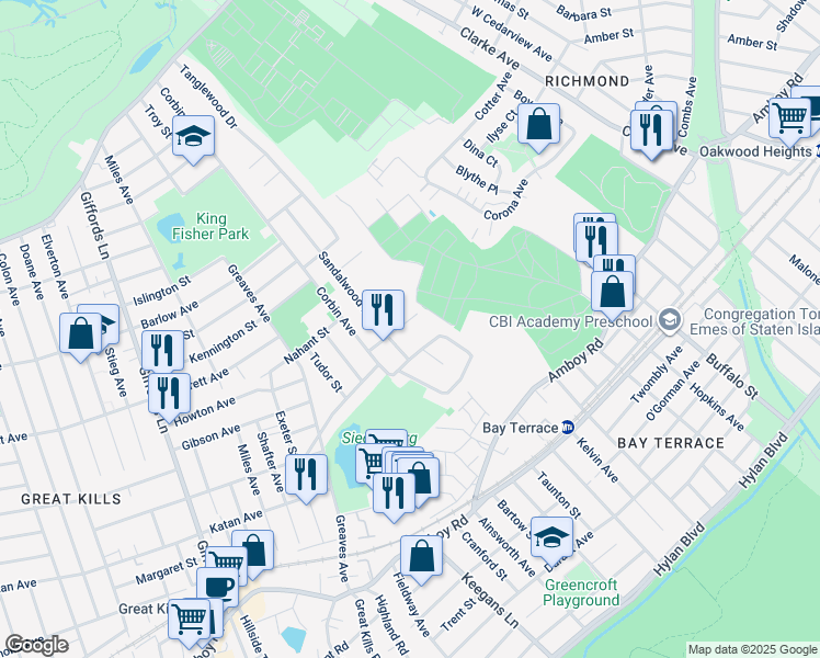 map of restaurants, bars, coffee shops, grocery stores, and more near 47 Cherrywood Court in Staten Island