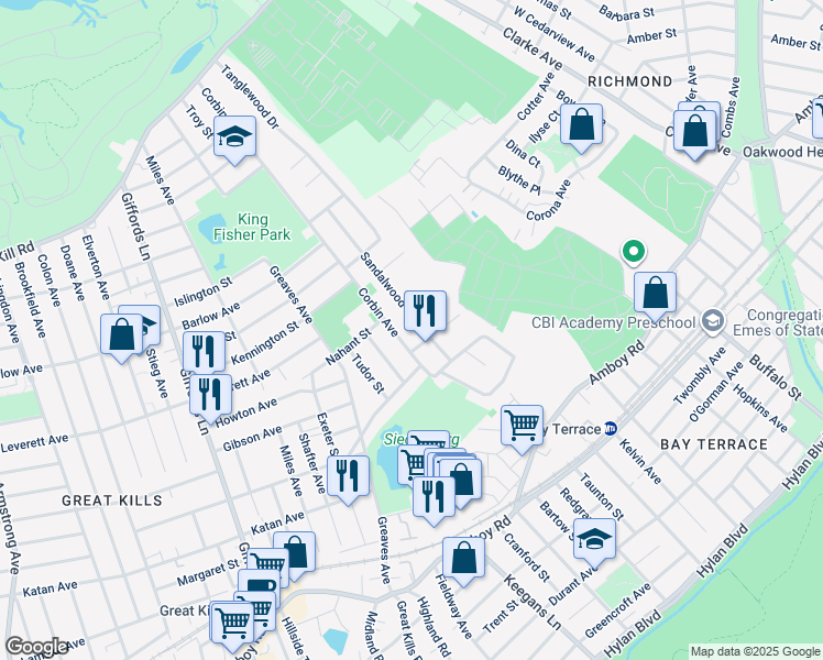 map of restaurants, bars, coffee shops, grocery stores, and more near 190 Sandalwood Drive in Staten Island