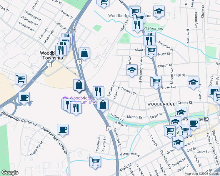 map of restaurants, bars, coffee shops, grocery stores, and more near 541 Lyman Avenue in Woodbridge Township