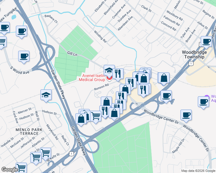 map of restaurants, bars, coffee shops, grocery stores, and more near 400 Gill Lane in Woodbridge Township