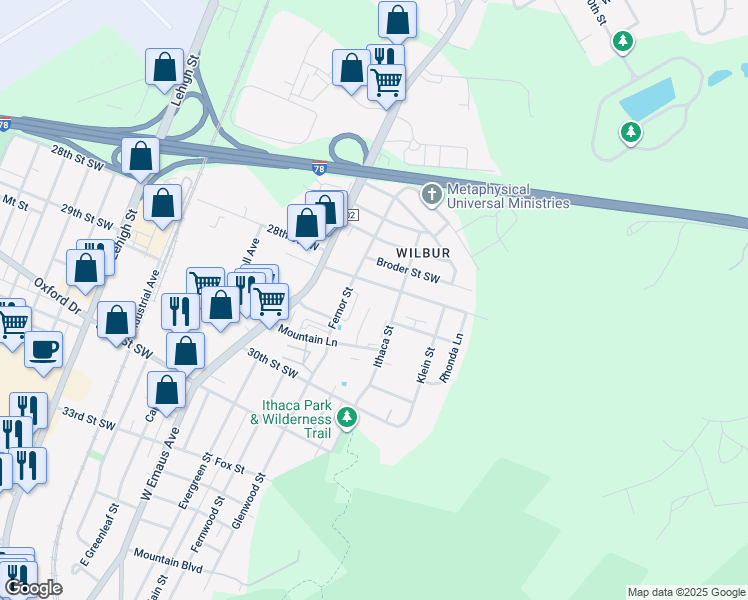 map of restaurants, bars, coffee shops, grocery stores, and more near 2513 28th Street Southwest in Allentown