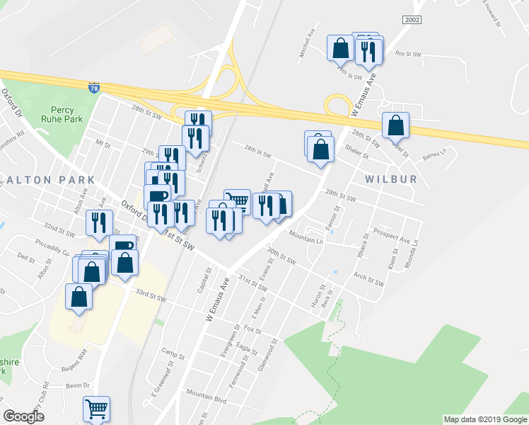 map of restaurants, bars, coffee shops, grocery stores, and more near 2843 Mitchell Avenue in Allentown