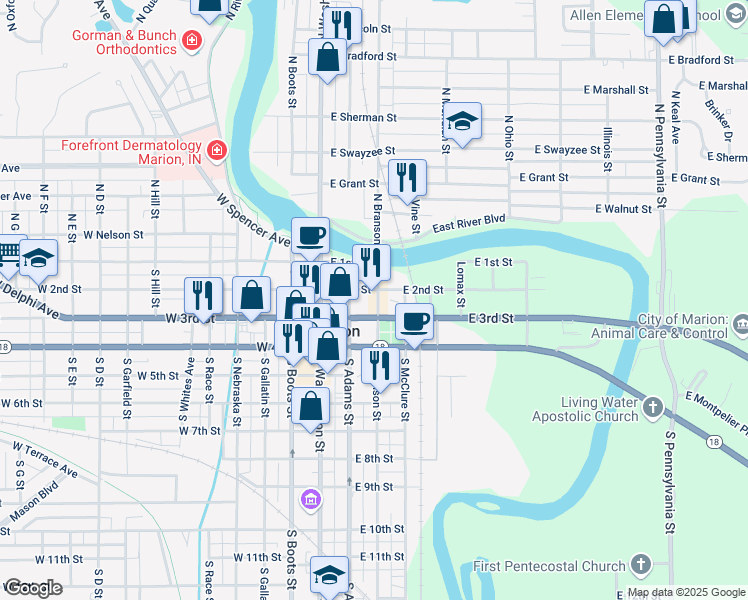 map of restaurants, bars, coffee shops, grocery stores, and more near 130 South Branson Street in Marion