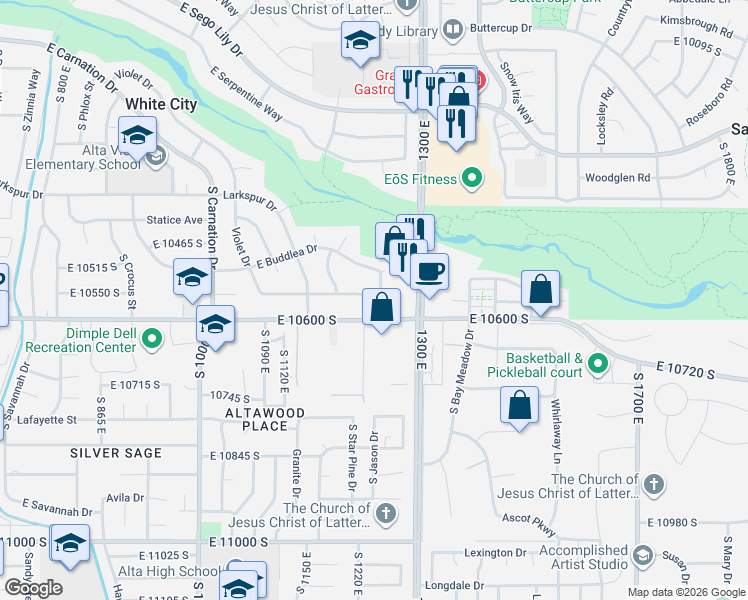 map of restaurants, bars, coffee shops, grocery stores, and more near 10532 South Primrose Drive in Sandy