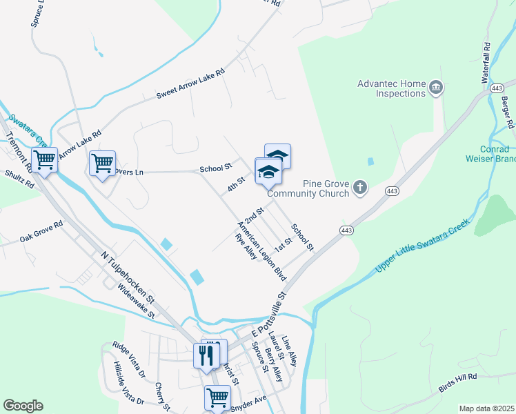 map of restaurants, bars, coffee shops, grocery stores, and more near 311 2nd Street in Pine Grove