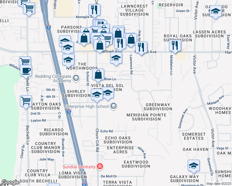 map of restaurants, bars, coffee shops, grocery stores, and more near 1139 Del Sol Place in Redding