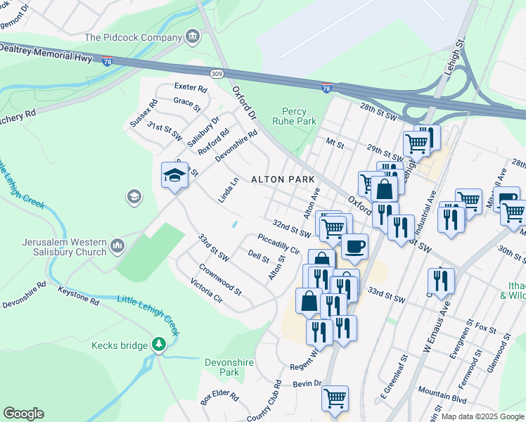 map of restaurants, bars, coffee shops, grocery stores, and more near 1727 32nd Street Southwest in Allentown