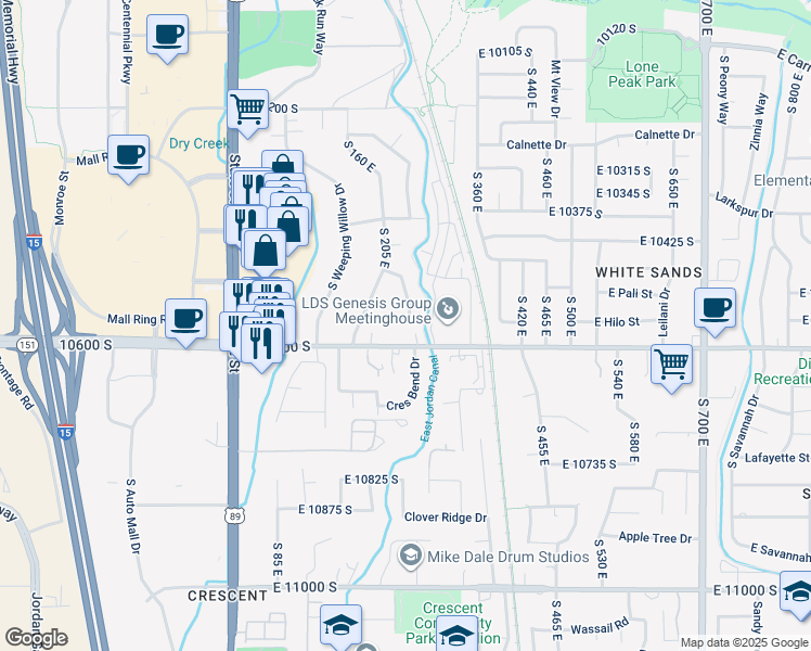 map of restaurants, bars, coffee shops, grocery stores, and more near 228 Golden Willow Circle in Sandy