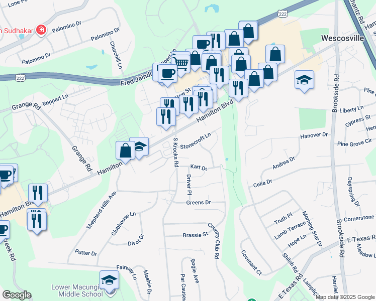 map of restaurants, bars, coffee shops, grocery stores, and more near 5636 Stonecroft Lane in Allentown