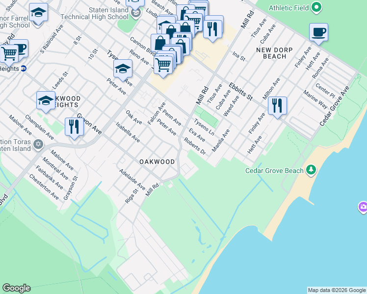 map of restaurants, bars, coffee shops, grocery stores, and more near 373 Mill Road in Staten Island