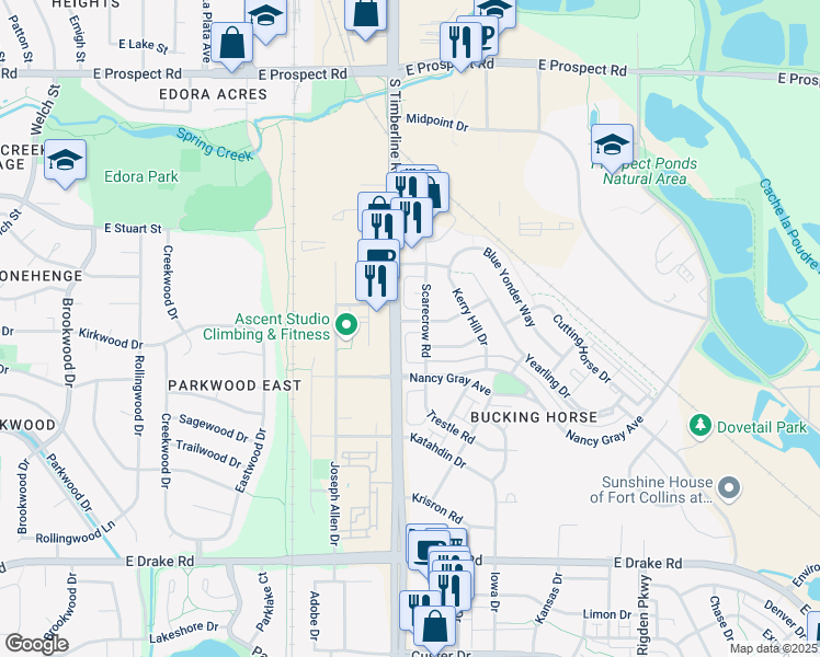 map of restaurants, bars, coffee shops, grocery stores, and more near 2107 Sandbur Drive in Fort Collins