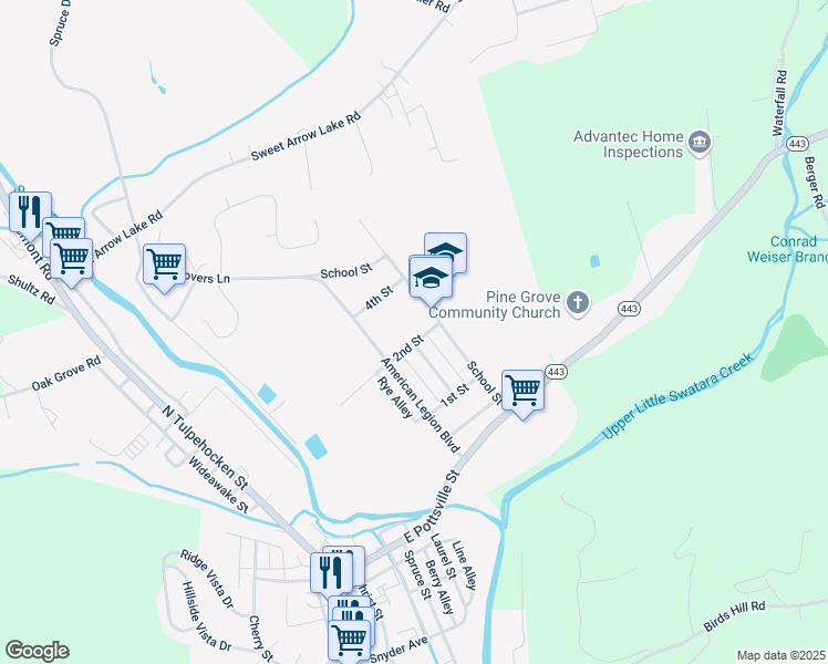 map of restaurants, bars, coffee shops, grocery stores, and more near 311 2nd Street in Pine Grove