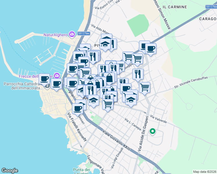 map of restaurants, bars, coffee shops, grocery stores, and more near 154 Via XX Settembre in Alghero