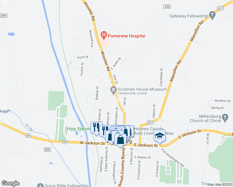 map of restaurants, bars, coffee shops, grocery stores, and more near Wooster Rd & Walnut St in Millersburg
