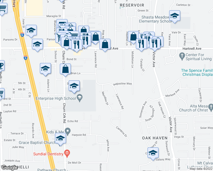 map of restaurants, bars, coffee shops, grocery stores, and more near 3278 Lawrence Road in Redding