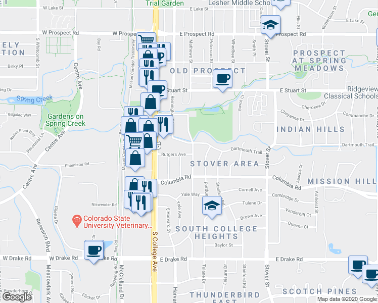 map of restaurants, bars, coffee shops, grocery stores, and more near 2200 Mathews Street in Fort Collins