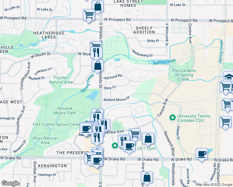 map of restaurants, bars, coffee shops, grocery stores, and more near 974 Shire Court in Fort Collins