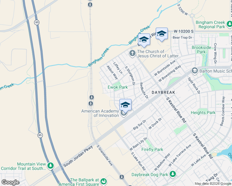 map of restaurants, bars, coffee shops, grocery stores, and more near 10534 Stavanger Drive in South Jordan
