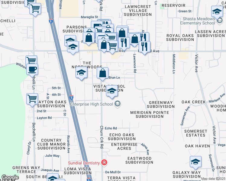 map of restaurants, bars, coffee shops, grocery stores, and more near 1064 Del Sol Place in Redding