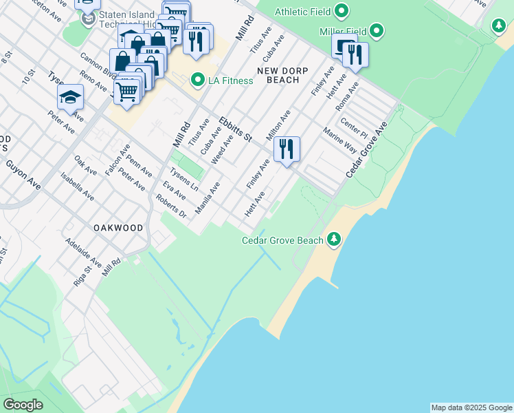 map of restaurants, bars, coffee shops, grocery stores, and more near 36 Michelle Lane in Staten Island