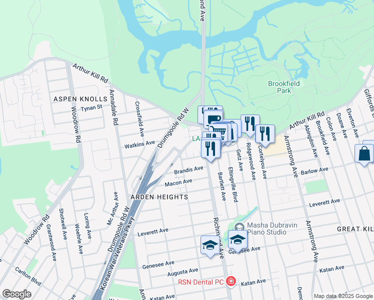 map of restaurants, bars, coffee shops, grocery stores, and more near 3250 Richmond Avenue in Staten Island