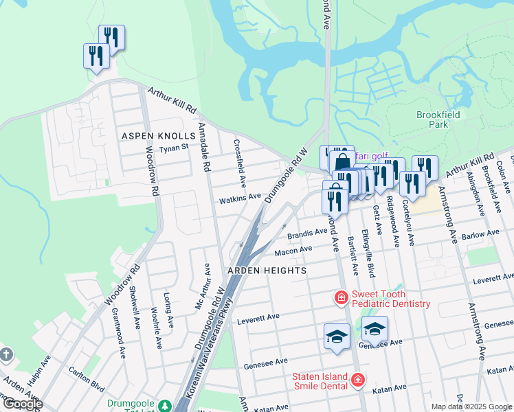 map of restaurants, bars, coffee shops, grocery stores, and more near 12 Watkins Avenue in Staten Island