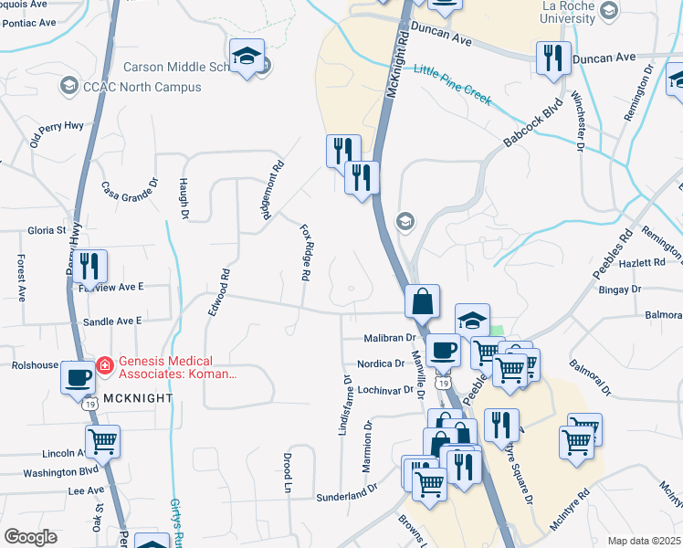 map of restaurants, bars, coffee shops, grocery stores, and more near 111 Perrymont Road in Pittsburgh