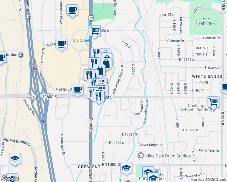 map of restaurants, bars, coffee shops, grocery stores, and more near 10564 South Weeping Willow Drive in Sandy