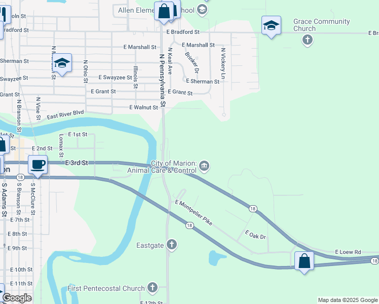 map of restaurants, bars, coffee shops, grocery stores, and more near 107 South Pennsylvania Street in Marion