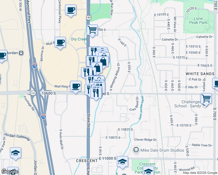 map of restaurants, bars, coffee shops, grocery stores, and more near 10564 South Weeping Willow Drive in Sandy