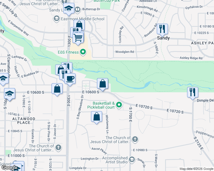 map of restaurants, bars, coffee shops, grocery stores, and more near 1545 Sienna Oak Court in Sandy