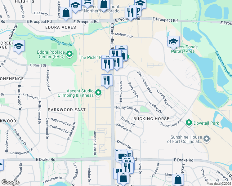 map of restaurants, bars, coffee shops, grocery stores, and more near 2107 Sandbur Drive in Fort Collins