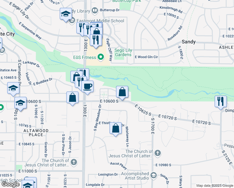 map of restaurants, bars, coffee shops, grocery stores, and more near 1485 Tuscan Oak Way in Sandy