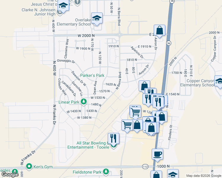 map of restaurants, bars, coffee shops, grocery stores, and more near 58 West 1570 North in Tooele