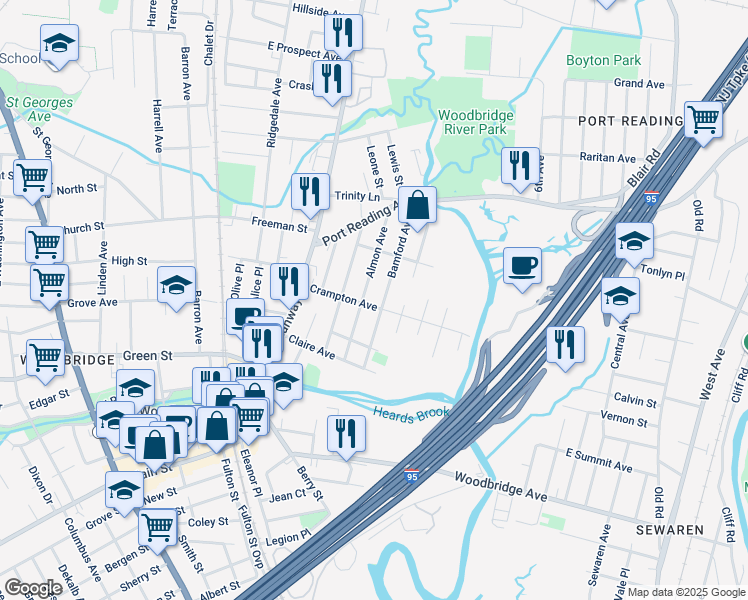 map of restaurants, bars, coffee shops, grocery stores, and more near 59 Crampton Avenue in Woodbridge Township