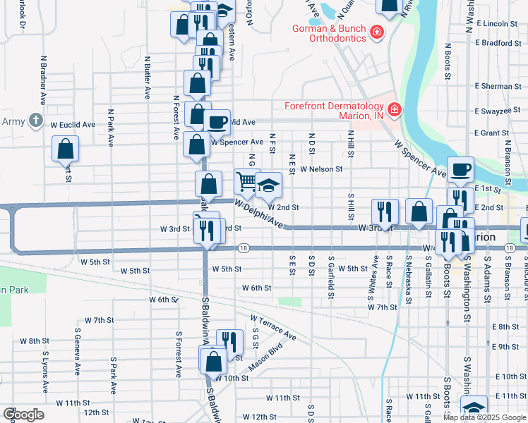 map of restaurants, bars, coffee shops, grocery stores, and more near 1111 West 2nd Street in Marion