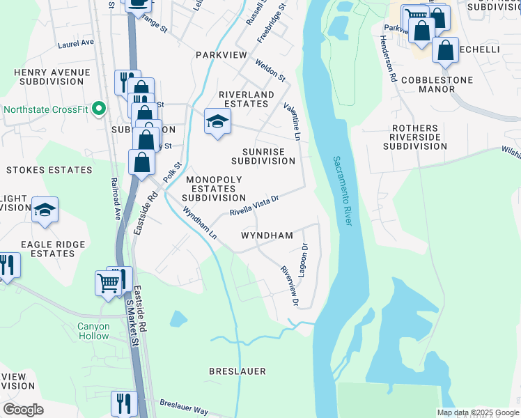 map of restaurants, bars, coffee shops, grocery stores, and more near 455 Rivella Vista Drive in Redding