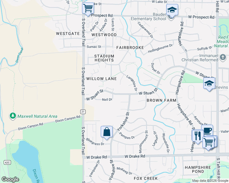 map of restaurants, bars, coffee shops, grocery stores, and more near 2049 White Rock Court in Fort Collins