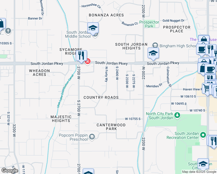 map of restaurants, bars, coffee shops, grocery stores, and more near 10530 North Forty Way in South Jordan
